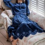 Phoebe top and skirt, broderie anglaise on navy linen