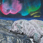 Aurora Dreaming - Freemotion machine embroidered polar bear sleeps and dreams, with his head on handpainted rocks. The aurora is painted in acrylic. Presented in a deep, black frame.34 x 34 cm