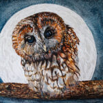 Tawny at Twilight - original mixed media watercolour painting of a tawny owl at twilight. This painting is presented in a smart, black frame, 33 x 43 cm. Giclee print also available.