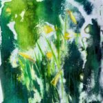 ‘Spring Light’ is an experimental and evocative piece that combines realistic painting of the Narcissi with loose washes of acrylic paint. When semi dry, the painting was washed off to reveal unplanned abstract shapes and some surface patterns. The framed size is 51 x 51cm.