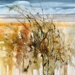 ‘Pegwell Bay’ is a loose and expressive watercolour painting that evokes the wide open space of Pegwell Bay. The beach is textured with a variety of marks, flicked, sprayed and hand drawn with a palette knife. Its framed size is aprox. 52 x 52cm.