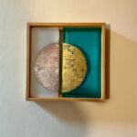 Split Moon - Gold leaf, oxidised silver leaf on blown glass, 29 x 29 cm