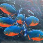 'Confusion gets us everytime - Piranhas' - acrylic painting on board. 35" x 24" with black frame