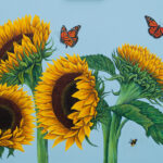 'Sunflowers, Monarchs & Bees' - acrylic painting on box canvas. 23" x 33" with white frame