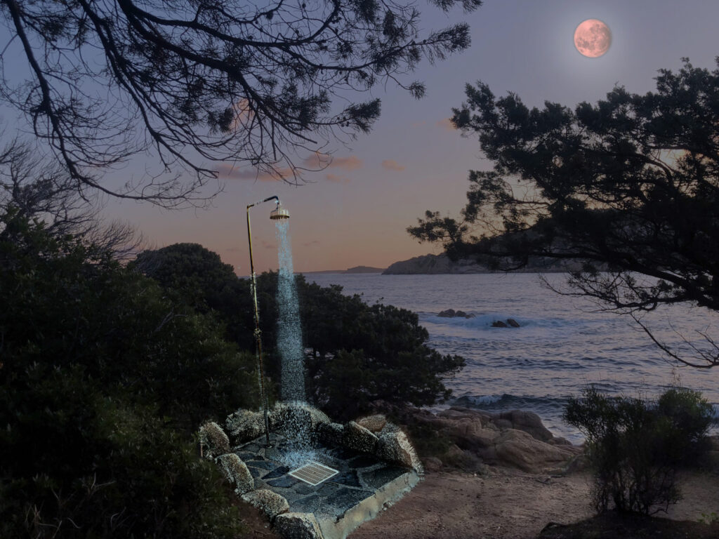 Shower at the beach in Sardinia in moonlight