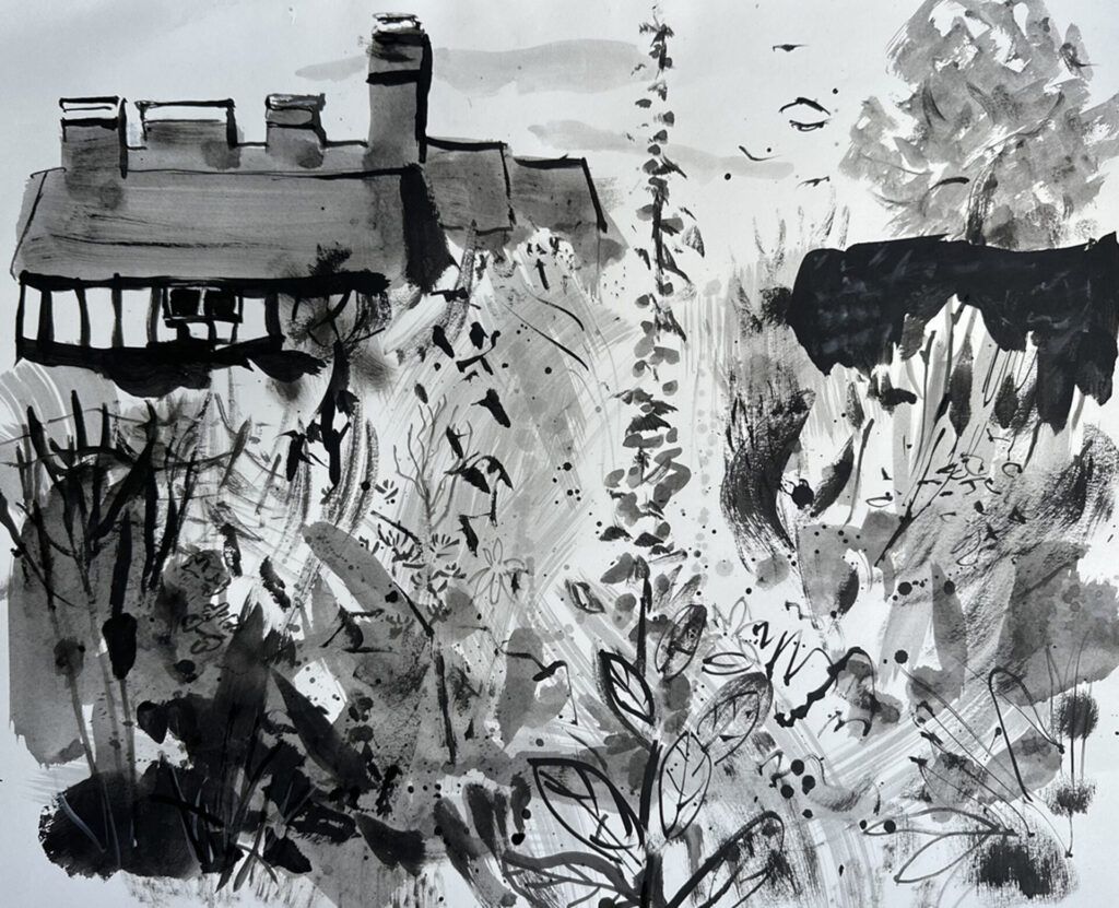 A black and white painting of a windy day's walk in the wonderful gardens at Great Dixter