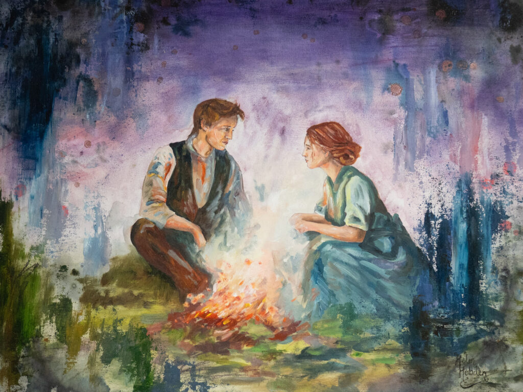 Fairytale art in blue green and purple. A man and a woman talk by a bonfire.