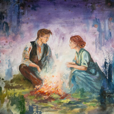 Fairytale art in blue green and purple. A man and a woman talk by a bonfire.