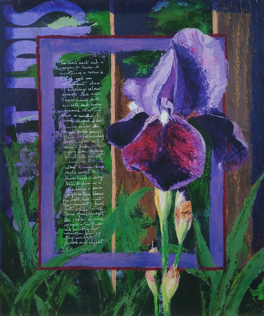 Acrylic painting of statuesque summer Iris with calligraphy and haiku poem on the side of the canvas.