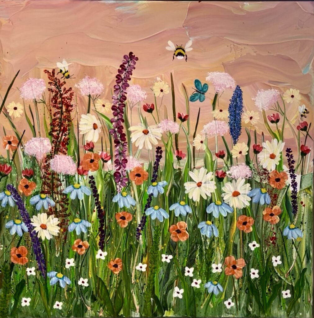 Textured floral art work using acrylics, moulding paste and spray paints. Flowers, bees in a wildflower setting, on canvas with a white wood frame. 50x50cm.