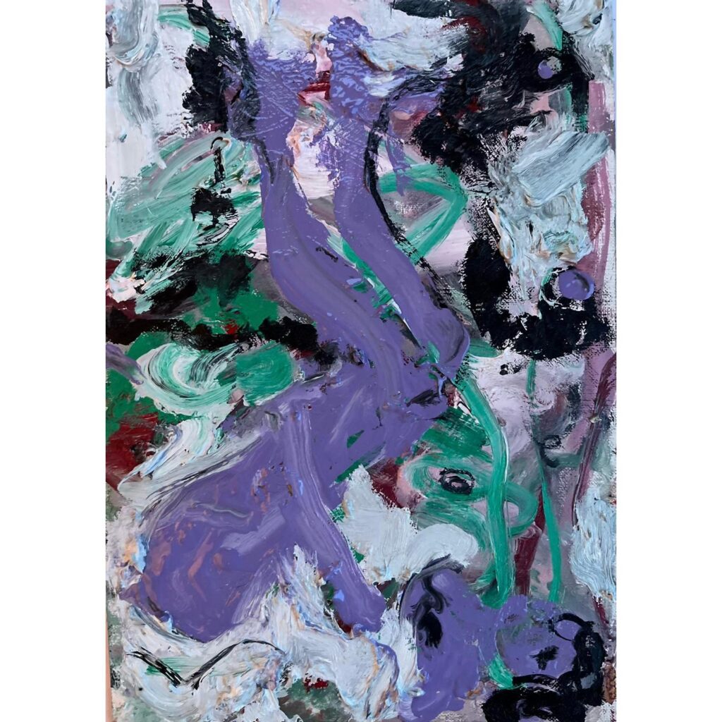 Figurative Abstract Oil on Board, Limited palette of lilac, greens, white and black.