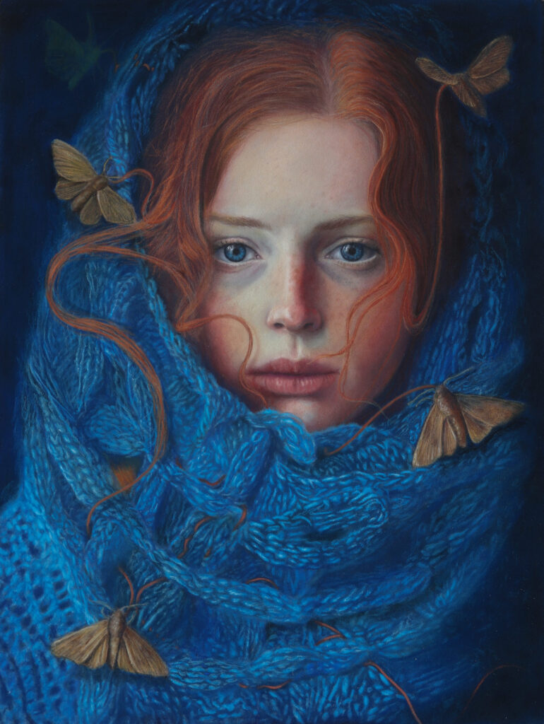 Girl with moths, pastel society