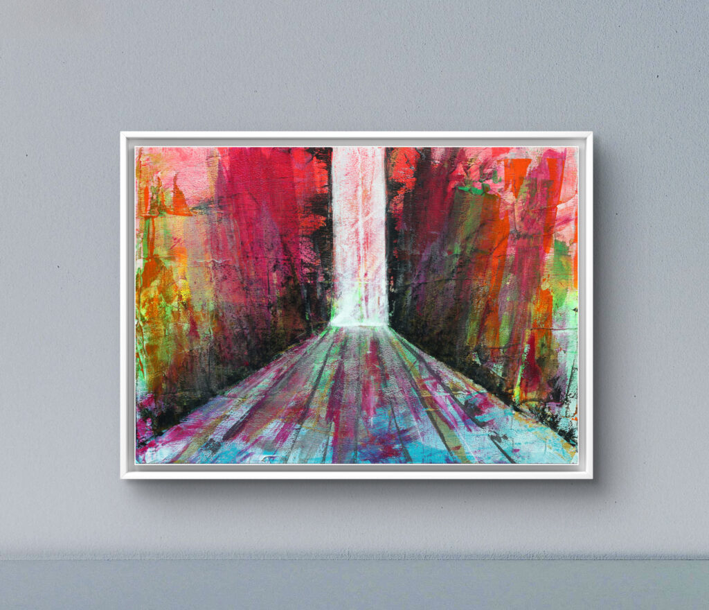 “Through the Door” draws the viewer into a moody corridor, where dark, shadowy walls contrast with a vivid burst of light spilling from an open doorway at the end.