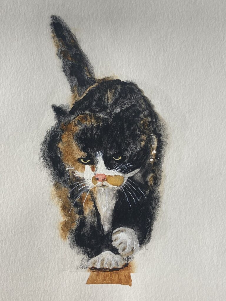 Watercolour image of a cat walking towards the viewer